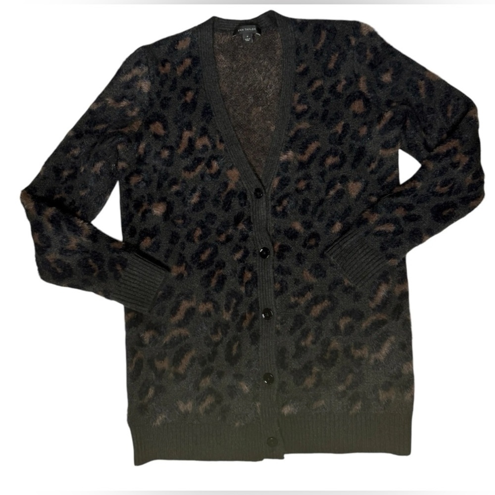 Ann Taylor Black and Brown Leopard Textured Print,  Cardigan - Picture 2 of 12